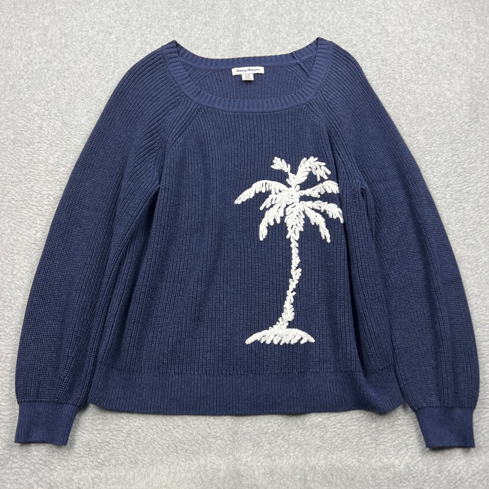 Tommy Bahama Breezy Palm Crew Pullover Women Large Blue Embroidered Knit Sweater